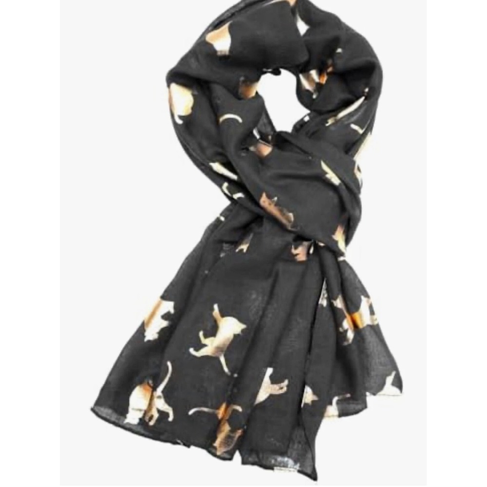 Black Calico Cat Print Scarf Lightweight Rectangular Wrap Animal Theme Accessory